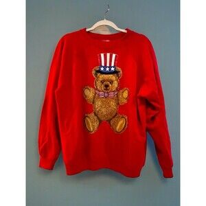 Vtg 80’s 90's Hanes Her Way Red Uncle Sam Glitter Teddy Bear Patriotic USA XL